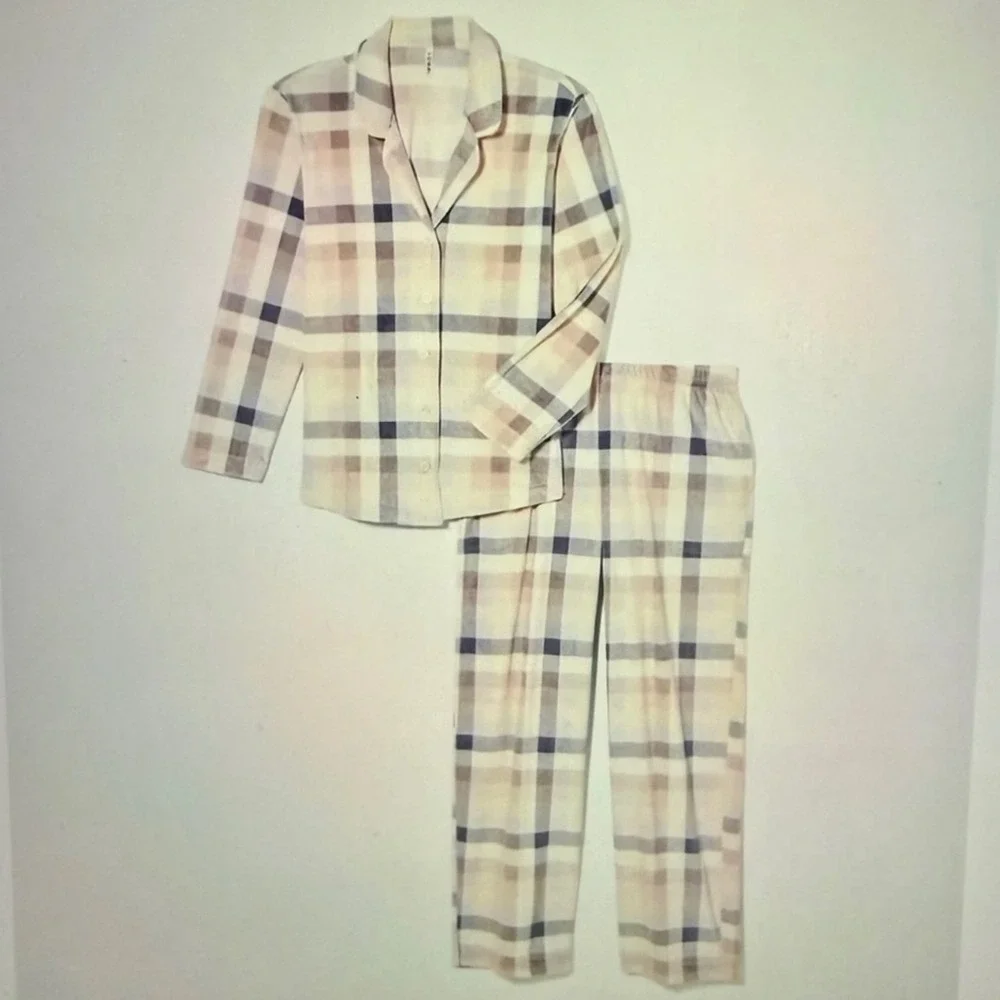 SOMA Microfleece PJ Set Notch Neck Jogger Pants Prism Plaid Grey L New W/ Tags - Picture 2 of 5